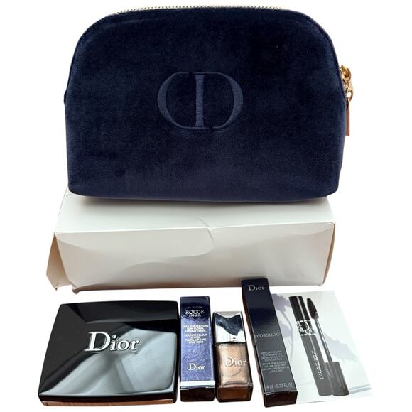 DIOR Makeup Bag Navy Blue Velvet Travel Case Blush Lipstick Mascara Nail Polish - Picture 1 of 12